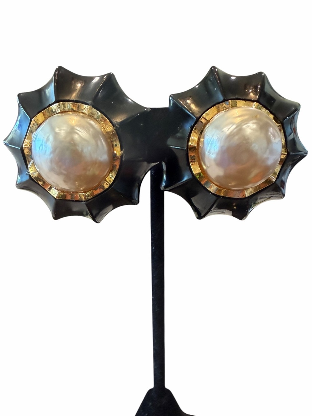 CHANEL Black and Gold Faux Pearl Starburst Clip Earrings